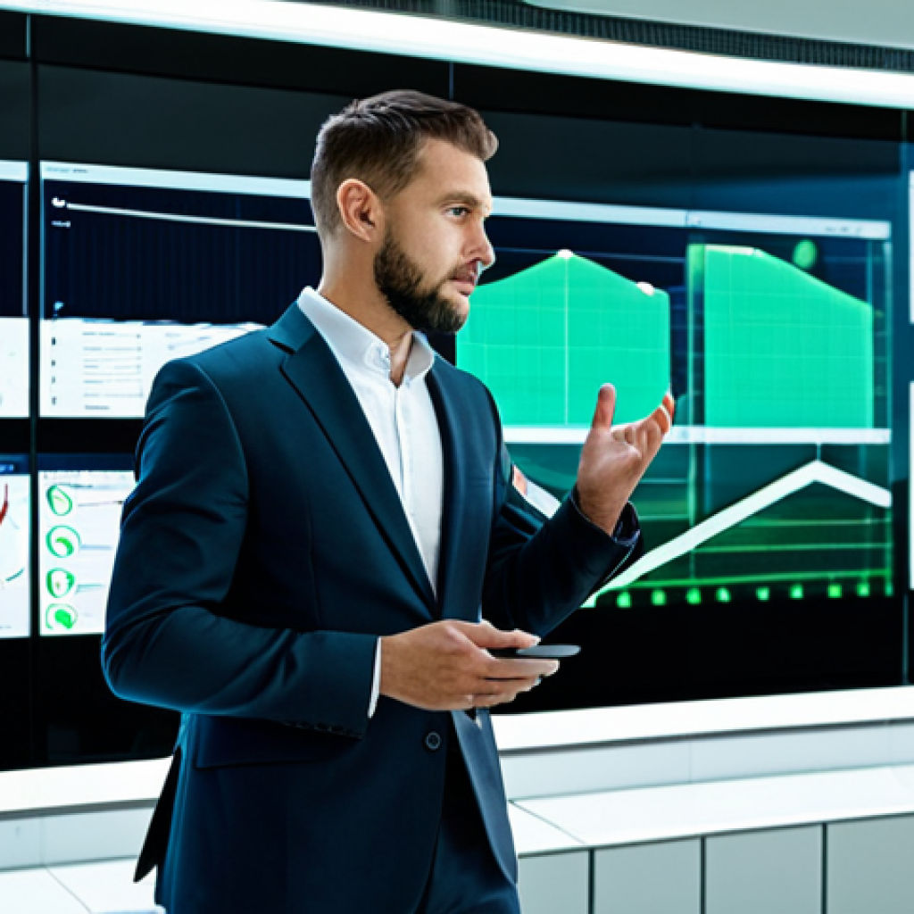 A professional male or female building manager in a modern business suit, fully clothed, appropriate attire, standing confidently in a futuristic smart building control room. Large transparent digital screens display real-time energy consumption data, IoT sensor readings, and predictive maintenance alerts. The room features sleek, minimalist architecture, integrated green walls, and ample natural light, embodying high-tech efficiency and environmental consciousness. Safe for work, appropriate content, professional dress, perfect anatomy, correct proportions, natural pose, well-formed hands, proper finger count, natural body proportions, professional photography, high quality, ultra-detailed, photorealistic.