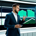 A professional male or female building manager in a modern business suit, fully clothed, appropriate attire, standing confidently in a futuristic smart building control room. Large transparent digital screens display real-time energy consumption data, IoT sensor readings, and predictive maintenance alerts. The room features sleek, minimalist architecture, integrated green walls, and ample natural light, embodying high-tech efficiency and environmental consciousness. Safe for work, appropriate content, professional dress, perfect anatomy, correct proportions, natural pose, well-formed hands, proper finger count, natural body proportions, professional photography, high quality, ultra-detailed, photorealistic.