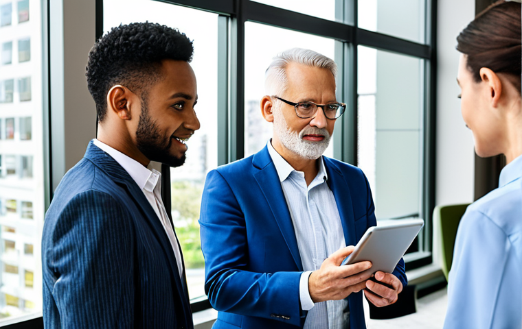 A group of professional, diverse adult residents fully clothed in modest, modern business casual attire. They are in a bright, contemporary condominium common area with large windows. One resident is calmly looking at a tablet displaying a clear, organized condominium management app, while another points to a digital notification on their smartphone. In the background, a subtle, empty or outdated physical notice board suggests the transition from old methods. Perfect anatomy, correct proportions, well-formed hands, proper finger count, natural body proportions, natural pose, professional photography, high detail, sharp focus, vibrant colors, clear composition, appropriate attire, safe for work, appropriate content, fully clothed, professional, family-friendly.