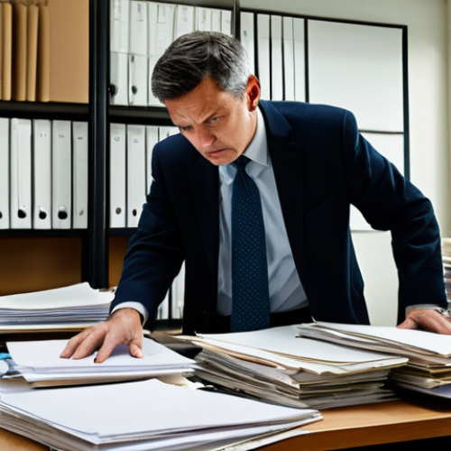 Home 24 A professional condominium manager, a man or woman, in modest business attire, looking frustrated while sifting through stacks of disorganized, dusty paper files and overflowing folders on a cluttered desk in a traditional, dimly lit office. The scene conveys inefficiency and the 'labyrinth of papers.' fully clothed, appropriate attire, professional dress, safe for work, appropriate content, perfect anatomy, correct proportions, natural pose, well-formed hands, proper finger count, natural body proportions, professional photography, high quality.
