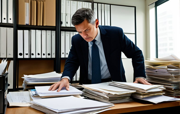 A professional condominium manager, a man or woman, in modest business attire, looking frustrated while sifting through stacks of disorganized, dusty paper files and overflowing folders on a cluttered desk in a traditional, dimly lit office. The scene conveys inefficiency and the 'labyrinth of papers.' fully clothed, appropriate attire, professional dress, safe for work, appropriate content, perfect anatomy, correct proportions, natural pose, well-formed hands, proper finger count, natural body proportions, professional photography, high quality.