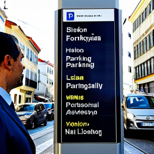 Home 23 Intelligent Parking System in Lisbon**
"A fully clothed, professional city planner standing near a digital display showing real-time parking availability in central Lisbon, Portugal. The display is integrated into a modern street sign. Cars are parked neatly in designated spaces. Focus on clean urban design and technological integration. Safe for work, appropriate content, perfect anatomy, correct proportions, well-formed hands, professional photography, high quality, modest attire, family-friendly scene."
**