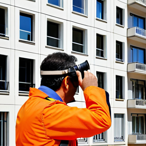 Home 22 Facade Inspection**
"A building inspector, fully clothed in appropriate attire, examining a building facade with binoculars. The building is a modern apartment complex in Lisbon, Portugal. Inspector is taking notes on a clipboard. Focus on detail of the facade, showing minor cracks and imperfections. Safe for work, appropriate content, professional inspection, perfect anatomy, natural proportions, high-quality photography."
**
