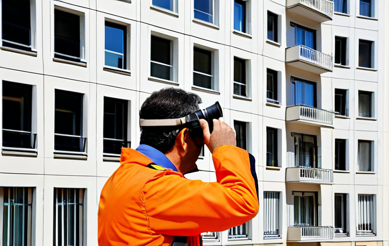 Facade Inspection**

"A building inspector, fully clothed in appropriate attire, examining a building facade with binoculars. The building is a modern apartment complex in Lisbon, Portugal. Inspector is taking notes on a clipboard. Focus on detail of the facade, showing minor cracks and imperfections. Safe for work, appropriate content, professional inspection, perfect anatomy, natural proportions, high-quality photography."

**