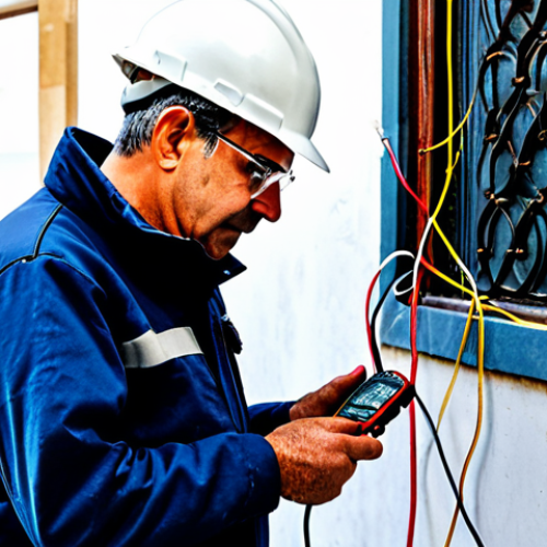 Home 9 **
"An electrical safety inspector, fully clothed in appropriate safety gear, examining wiring in an older building in Lisbon, Portugal. He is using a multimeter to check the connections. The building has traditional Portuguese architectural features. Safe for work, appropriate content, professional, modest, perfect anatomy, natural proportions, high quality, well-formed hands, proper finger count, natural pose."
**