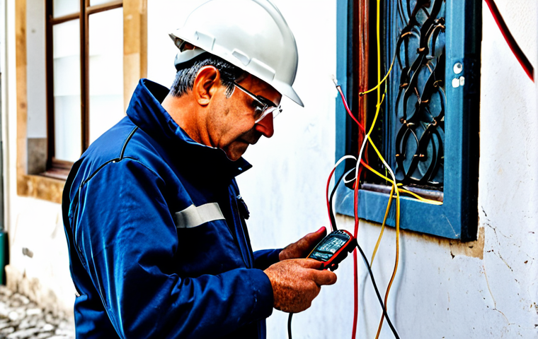 **

"An electrical safety inspector, fully clothed in appropriate safety gear, examining wiring in an older building in Lisbon, Portugal. He is using a multimeter to check the connections.  The building has traditional Portuguese architectural features. Safe for work, appropriate content, professional, modest, perfect anatomy, natural proportions, high quality, well-formed hands, proper finger count, natural pose."

**