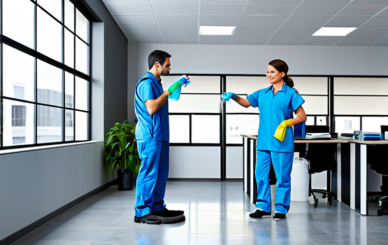 건물 정기 소독 서비스 - Office Environment**
"A professional cleaning crew in a modern office setting, fully clothed in app...