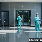 건물 방역 관리 - A modern commercial building lobby during daytime, showcasing a professional cleaning team wearing f...