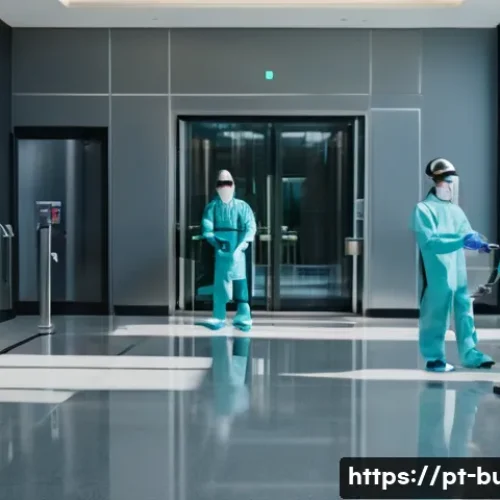 건물 방역 관리 - A modern commercial building lobby during daytime, showcasing a professional cleaning team wearing f...