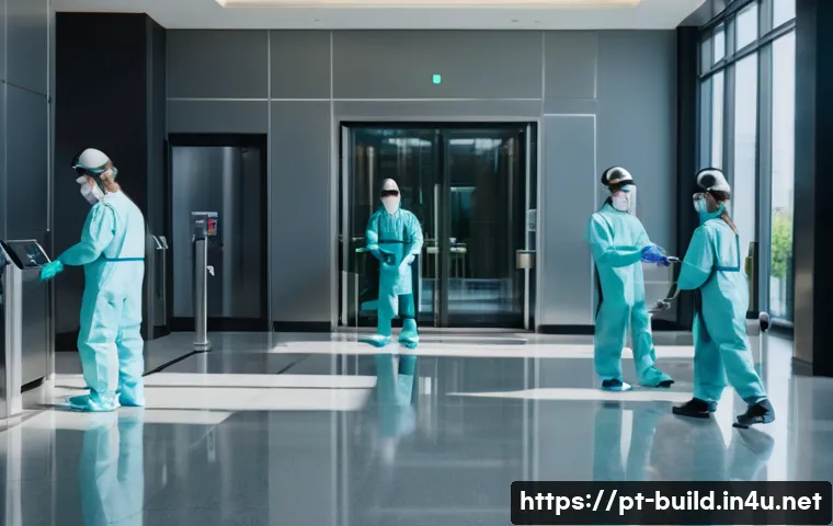 건물 방역 관리 - A modern commercial building lobby during daytime, showcasing a professional cleaning team wearing f...