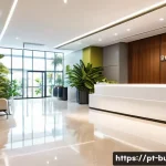건물 관리비 비교 사례 - A modern Brazilian condominium lobby scene during daytime, showing a well-lit, clean entrance with a...