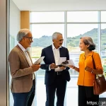 관리비 부과 기준 - A modern condominium lobby scene in Brazil, featuring diverse residents of various ages discussing m...