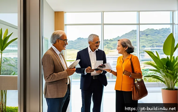 관리비 부과 기준 - A modern condominium lobby scene in Brazil, featuring diverse residents of various ages discussing m...