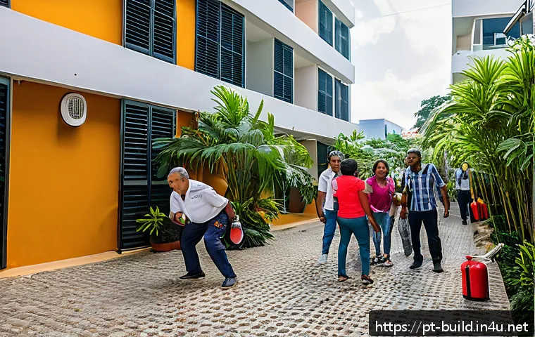 입주민 안전 교육 - A diverse group of condominium residents actively participating in a fire safety drill in a modern B...