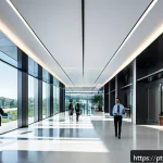 건물 에너지 모니터링 시스템 - A modern commercial building lobby equipped with intelligent automation systems: visible smart senso...