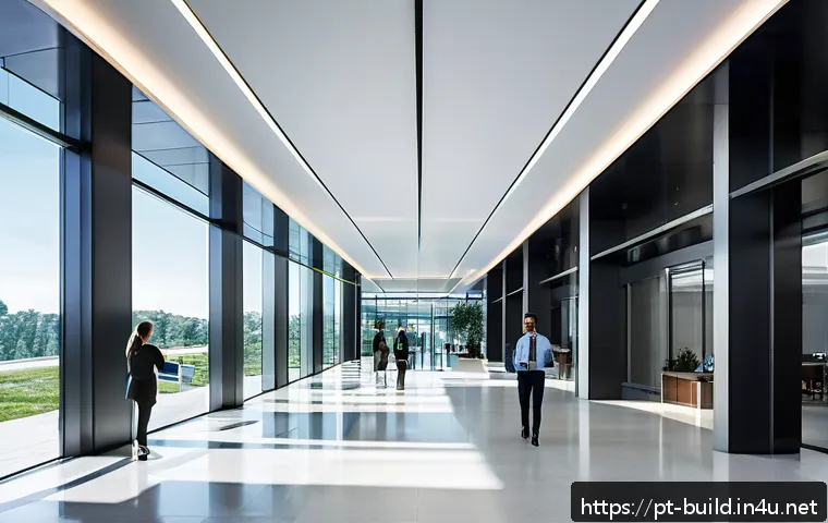 건물 에너지 모니터링 시스템 - A modern commercial building lobby equipped with intelligent automation systems: visible smart senso...